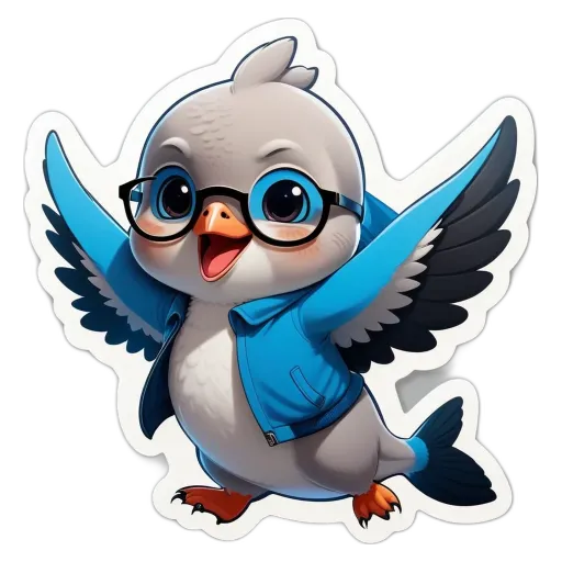 A blue and white bird wearing glasses is standing on a black background.