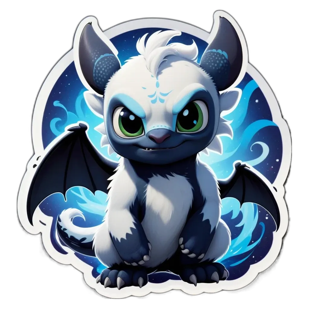 A black and white drawing of a dragon with green eyes.