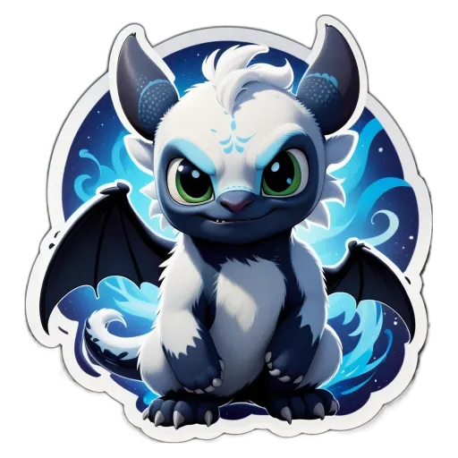 A black and white drawing of a dragon with green eyes.
