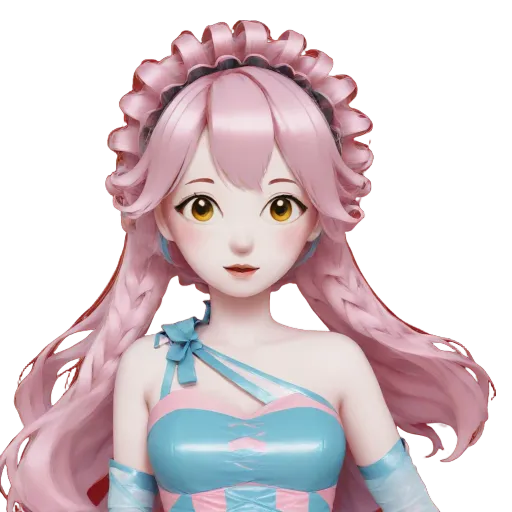 A woman with long hair and a pink dress.