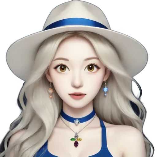 A woman wearing a white hat and colorful earrings.