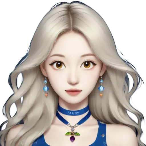 A woman with white hair and blue choke is depicted.