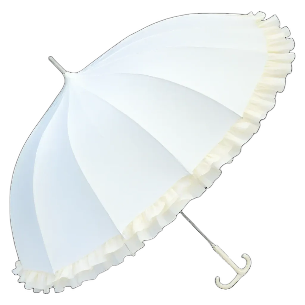 An umbrella with a ruffle on it is white.