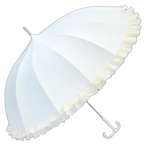 An umbrella with a ruffle on it is white.