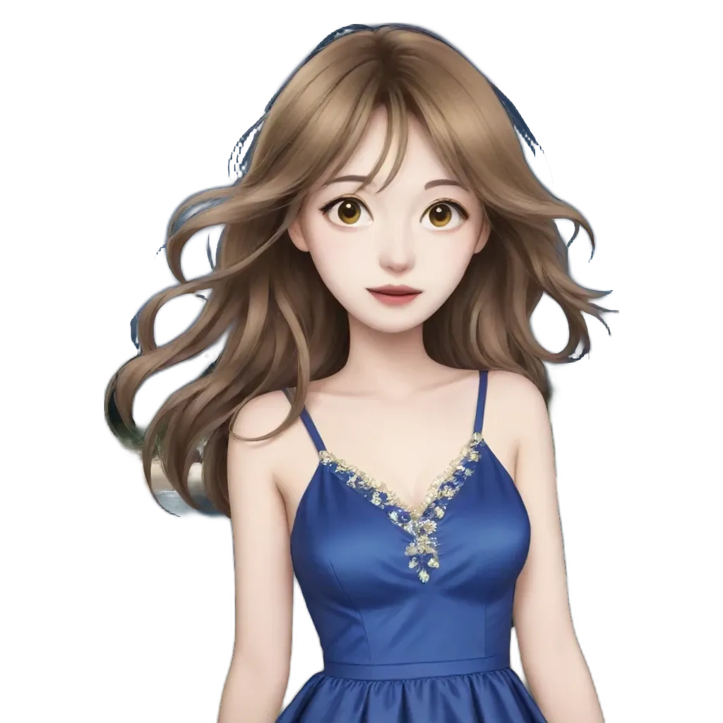 A girl with long hair in a blue dress.
