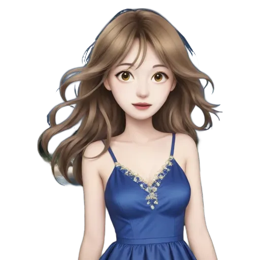 A girl with long hair in a blue dress.