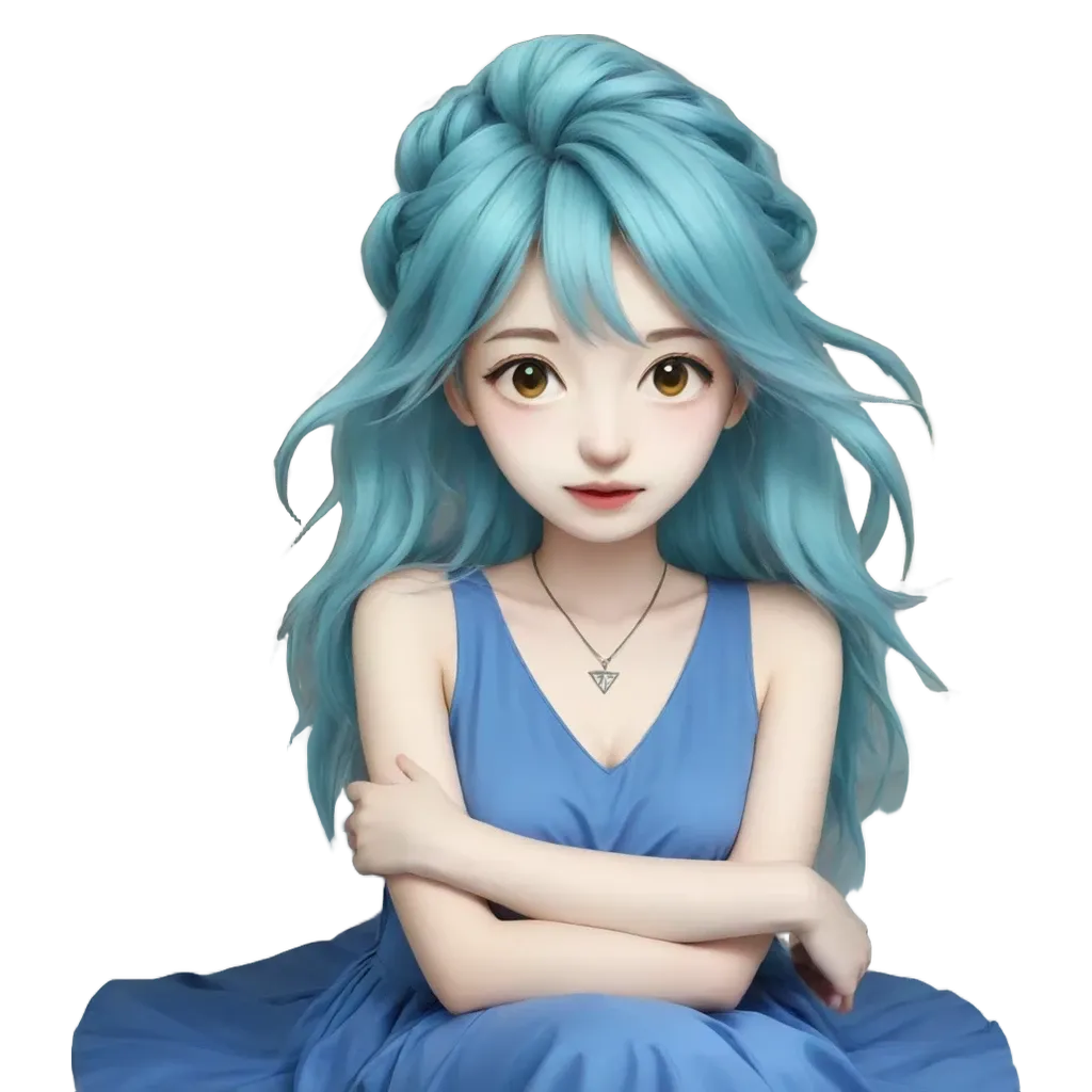 A girl with blue hair in a blue dress.