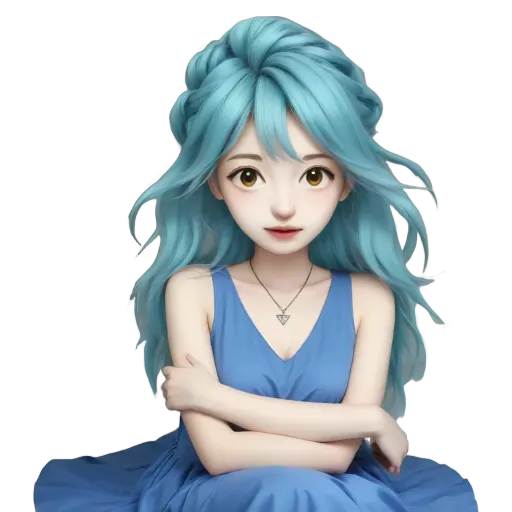 A girl with blue hair in a blue dress.