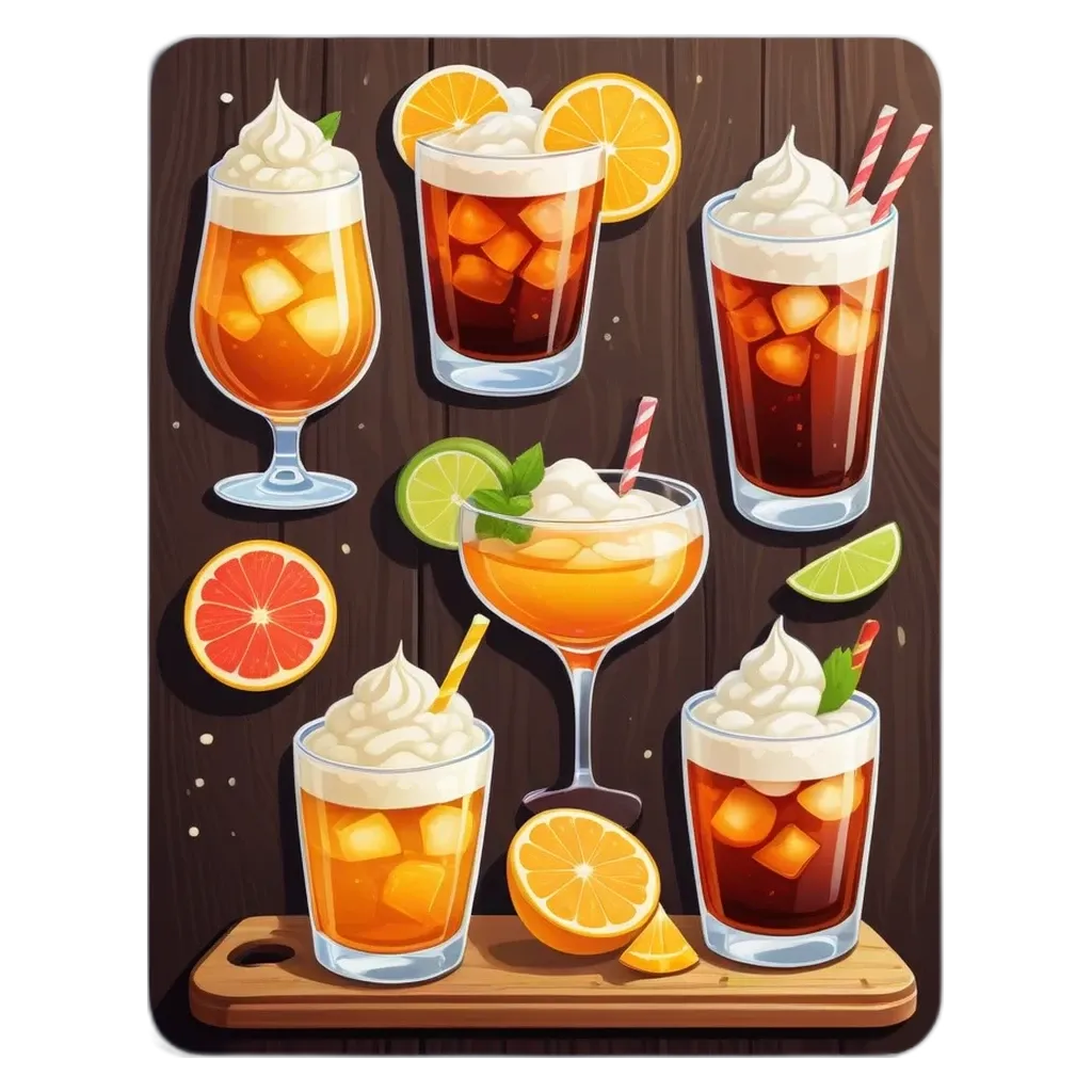 A collection of drinks with a wooden table in the background.