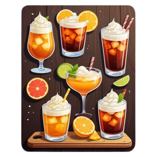 A collection of drinks with a wooden table in the background.