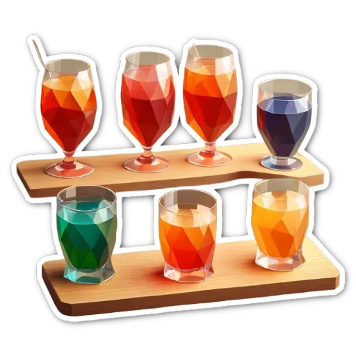 A collection of drinks in glasses are sitting on a shelf.