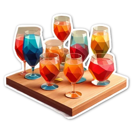 A collection of glasses of various colors and shapes are arranged on a wooden surface.