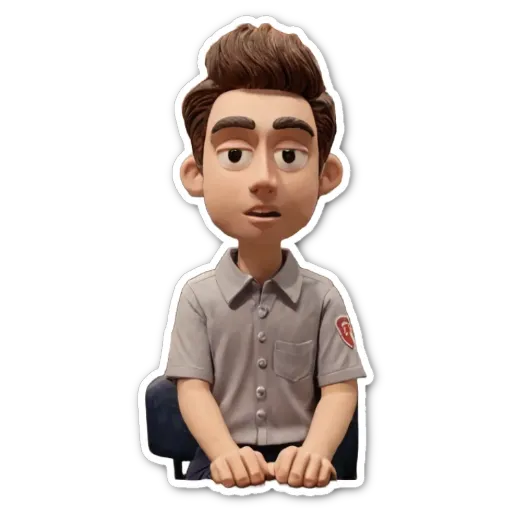 A boy in a uniform and a sticker that says Help.