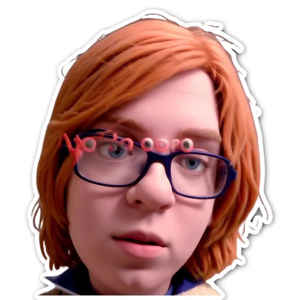 A person wearing glasses and a yolo! poof! sticker.