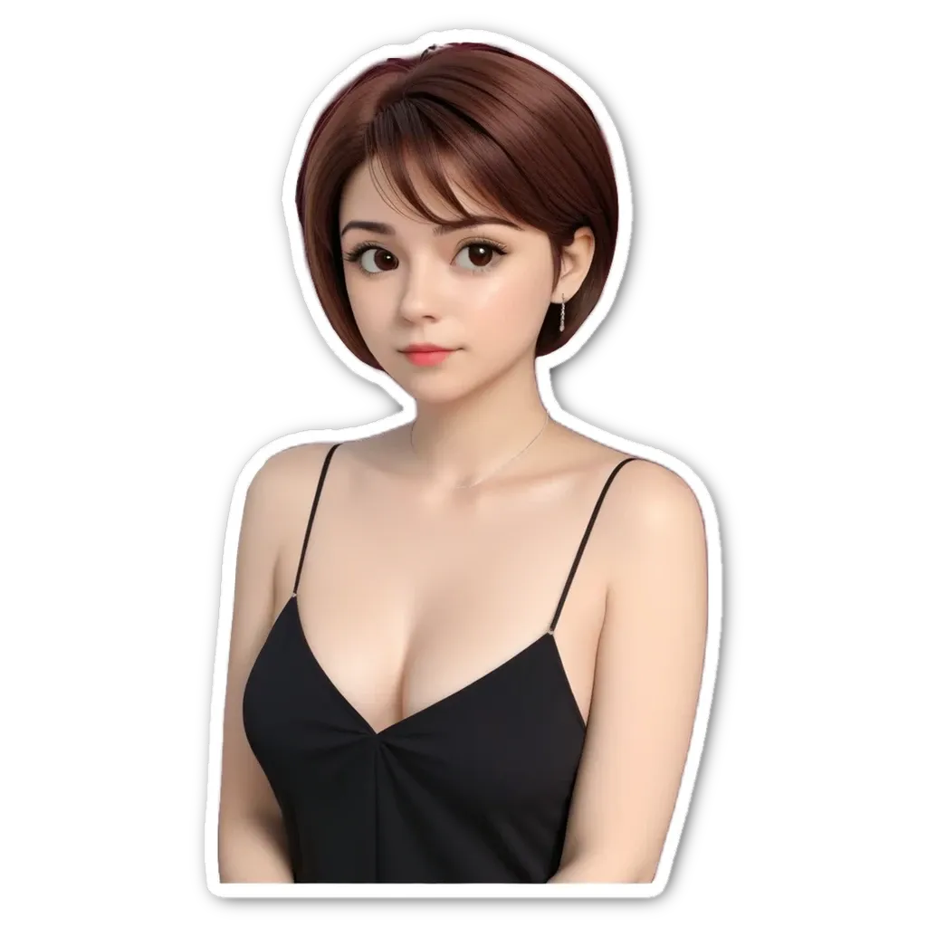 A woman with a short bob haircut and a black dress.