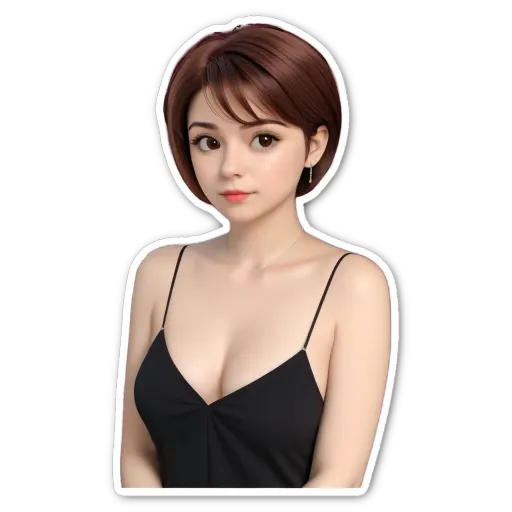 A woman with a short bob haircut and a black dress.