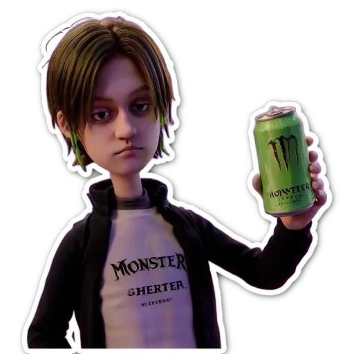 A boy with a green can of Monster energy drink.