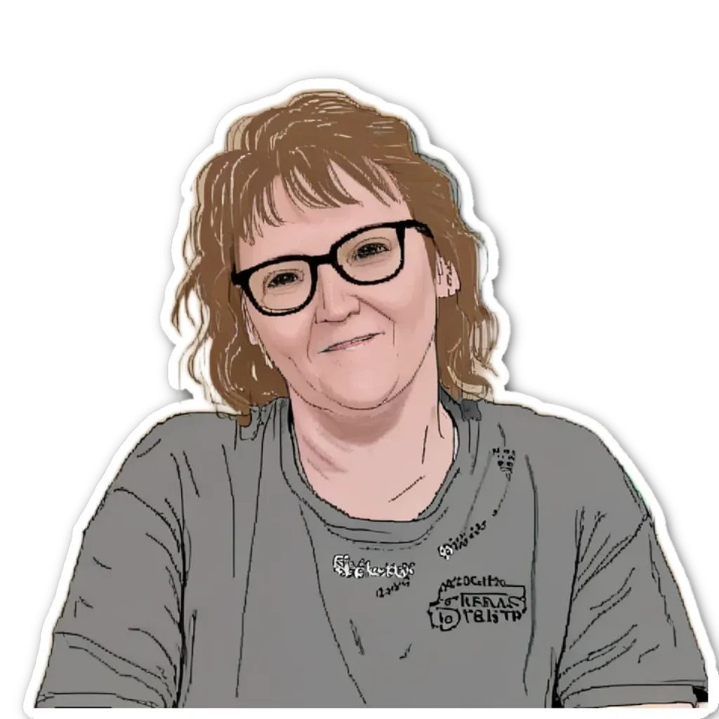 A woman wearing glasses is smiling.