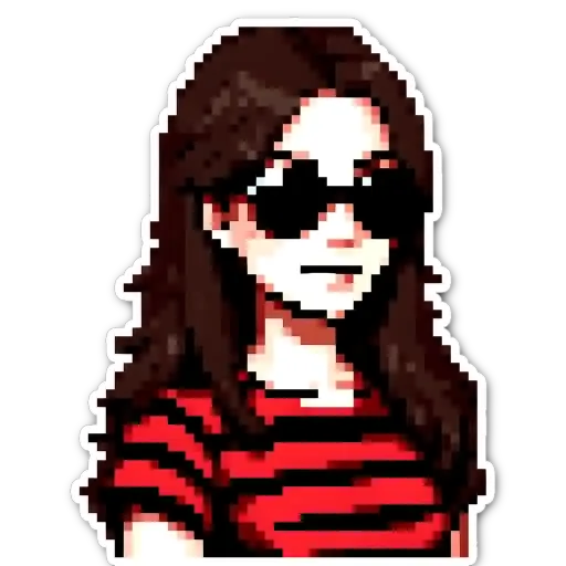 A girl wearing sunglasses is wearing a red and black striped shirt.