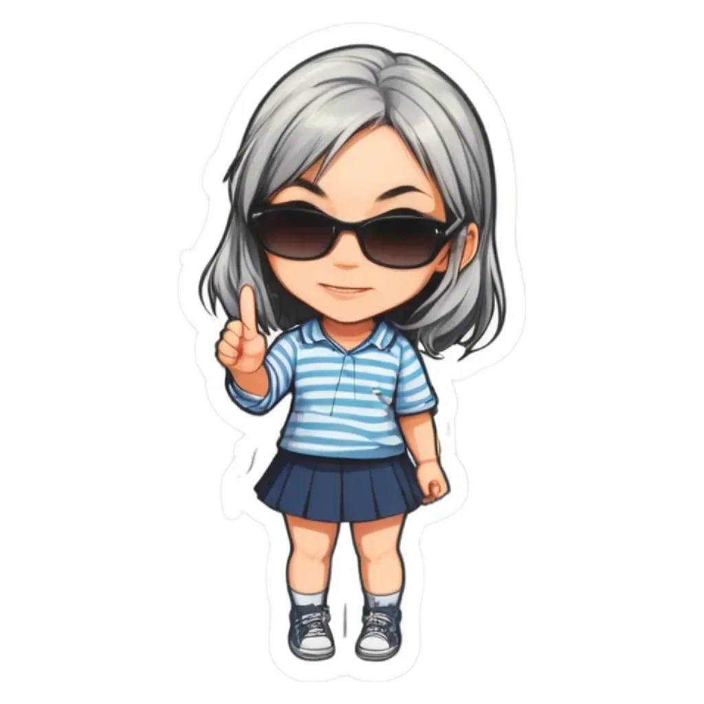 A girl wearing sunglasses and a polo shirt that has a thumbs up.