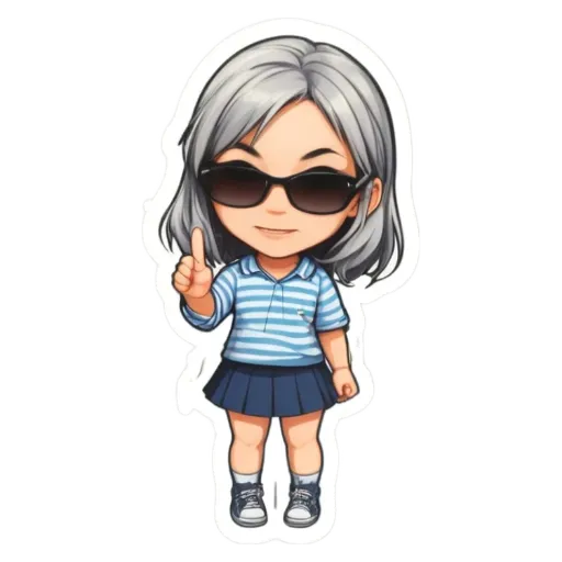 A girl wearing sunglasses and a polo shirt that has a thumbs up.