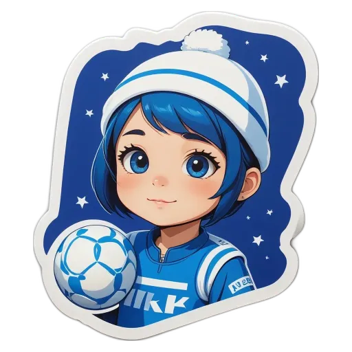 A girl with a soccer ball is wearing a blue and white jacket.