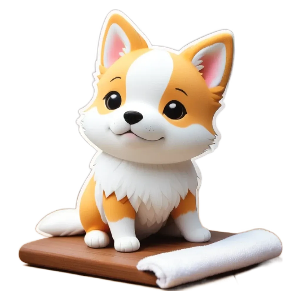 A cartoon dog sitting on a wooden surface.