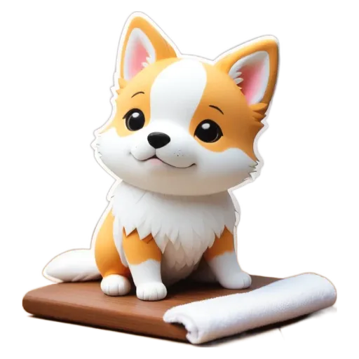 A cartoon dog sitting on a wooden surface.