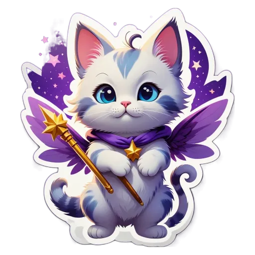 A cartoon white cat holding a star with a wand.