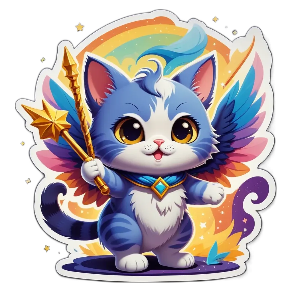A blue and white cat holding a golden star is in the center of a rainbow.
