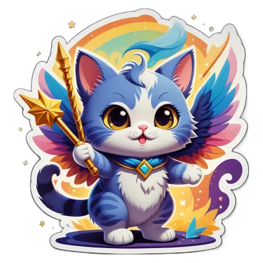 A blue and white cat holding a golden star is in the center of a rainbow.