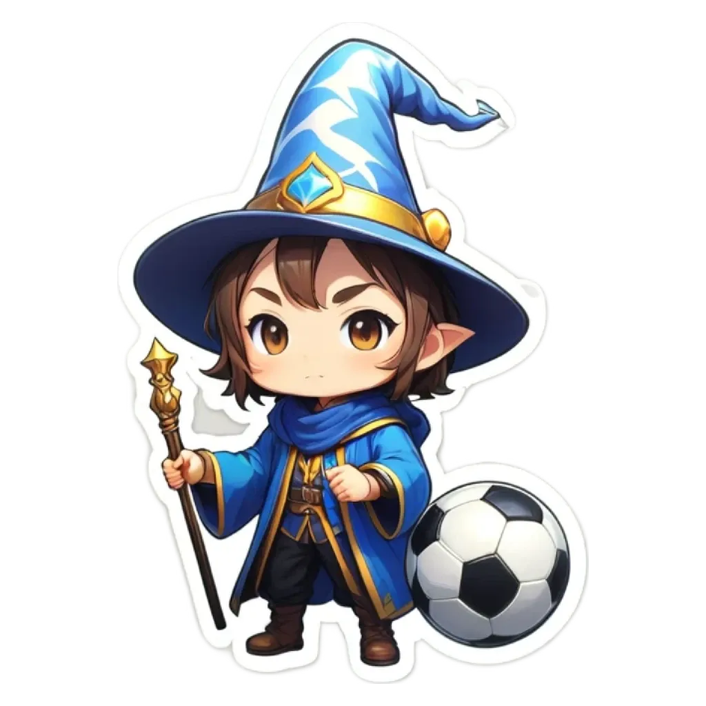 A boy is holding a soccer ball and wearing a wizard hat.