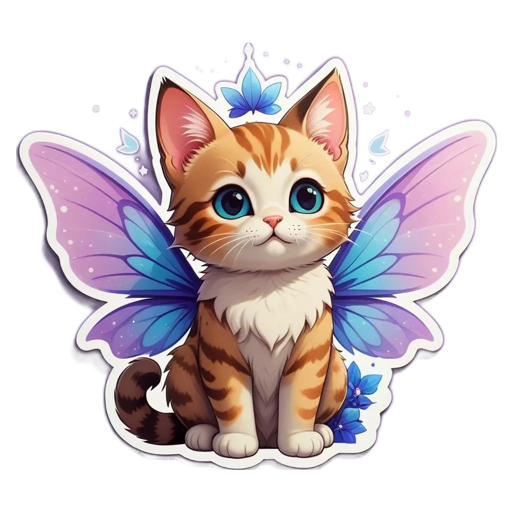 A tiger cat with blue eyes and blue wings with a butterfly below it.