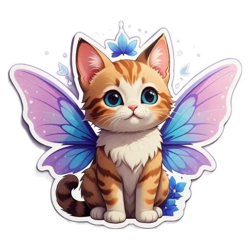 A tiger cat with blue eyes and blue wings with a butterfly below it.