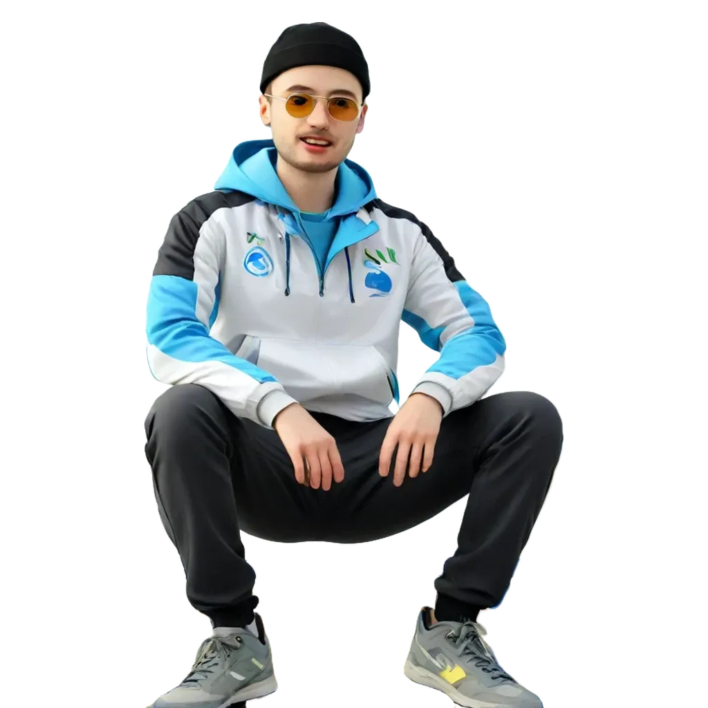 A young man wearing a blue and white jacket is sitting down.