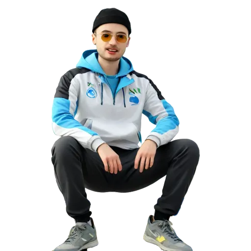 A young man wearing a blue and white jacket is sitting down.