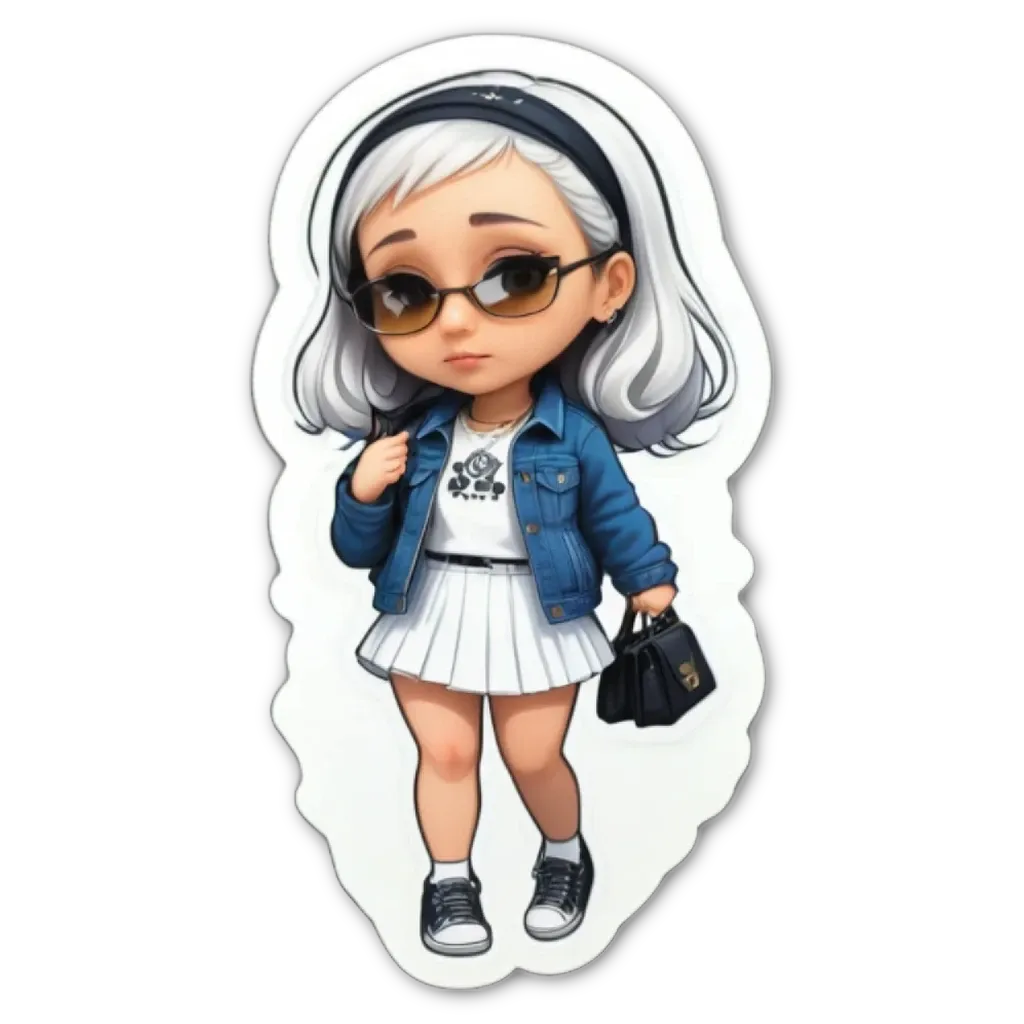 A girl wearing a jean jacket and white skirt, holding a black handbag.