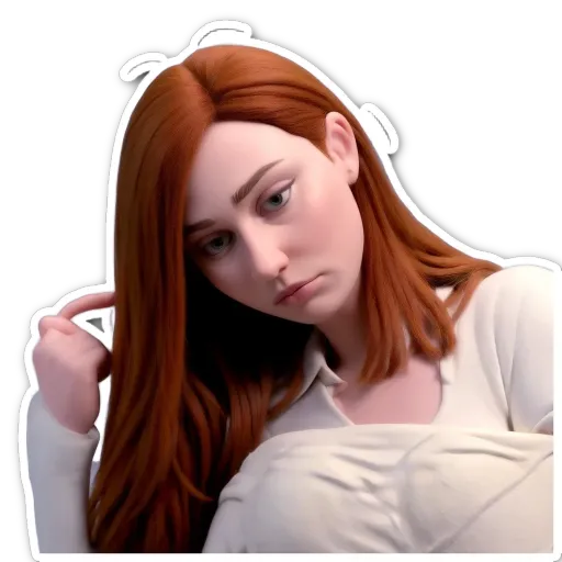 A red haired woman is thinking about something and scratching her head.