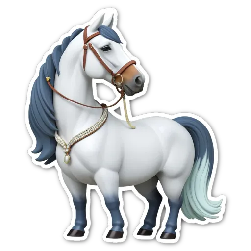 A white horse with a gold necklace around its neck.
