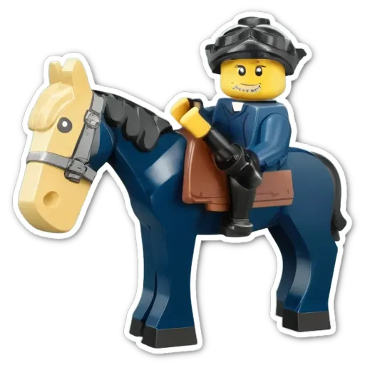 A lego man is riding a horse.