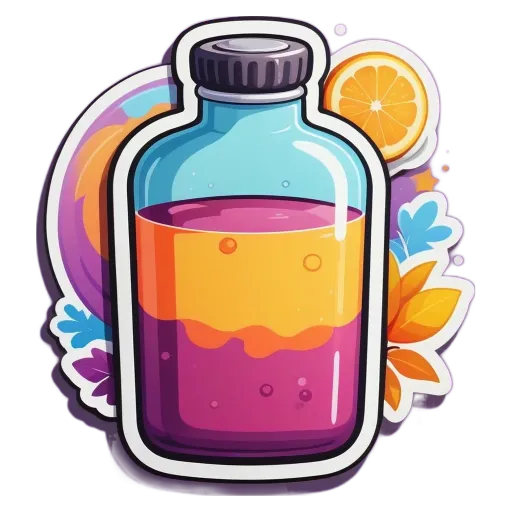A colorful cartoon depiction of a bottle of juice with a orange slice in it.
