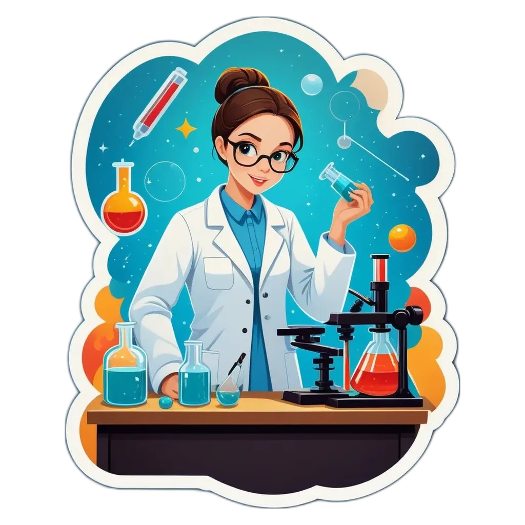 A cartoon image of a woman scientist holding a test tube.