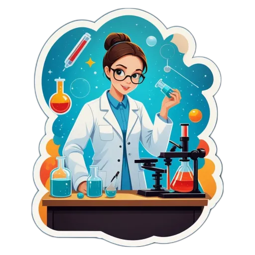 A cartoon image of a woman scientist holding a test tube.