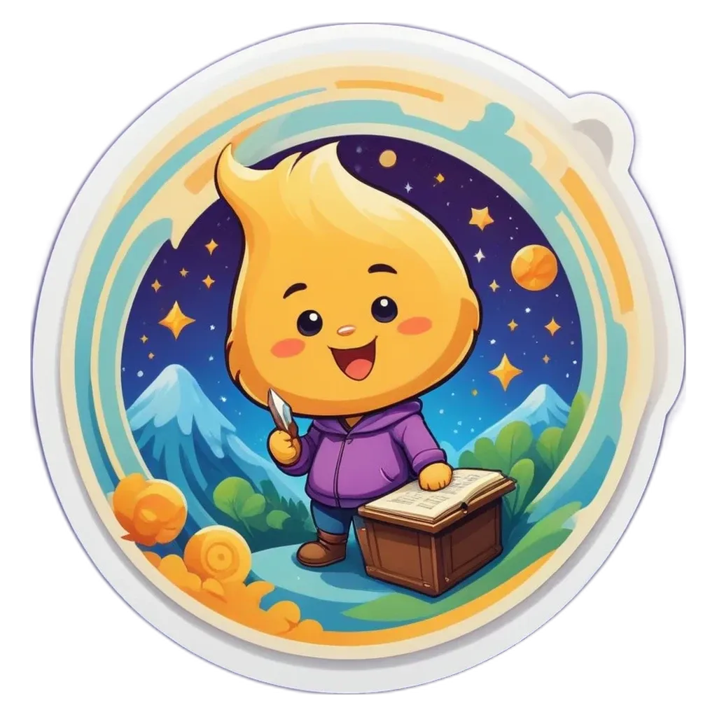 A cartoon character holding a book in front of a backdrop of mountains.