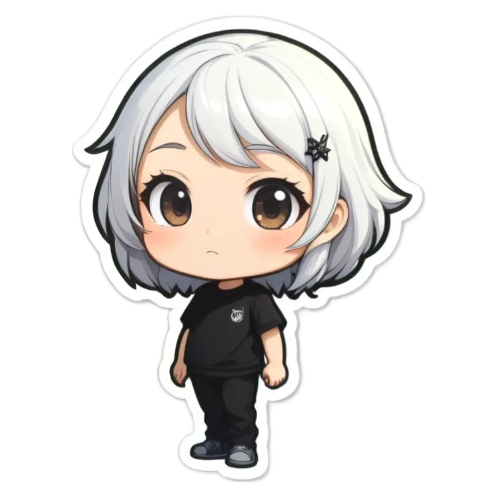 A girl with white hair and a black shirt.