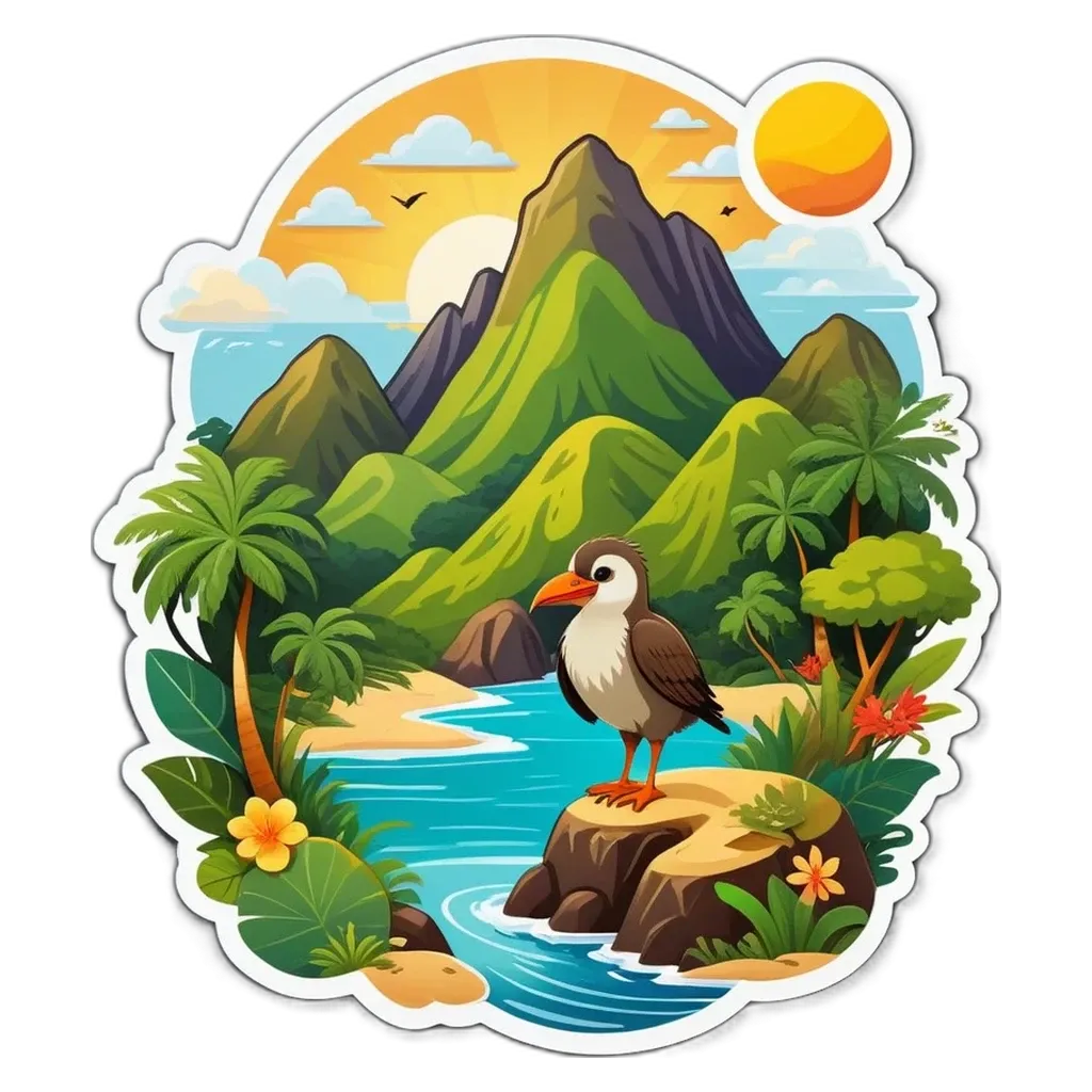 A bird on a rock in front of a river in a jungle.