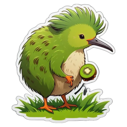 A cartoon picture of a bird with a kiwi in its beak.