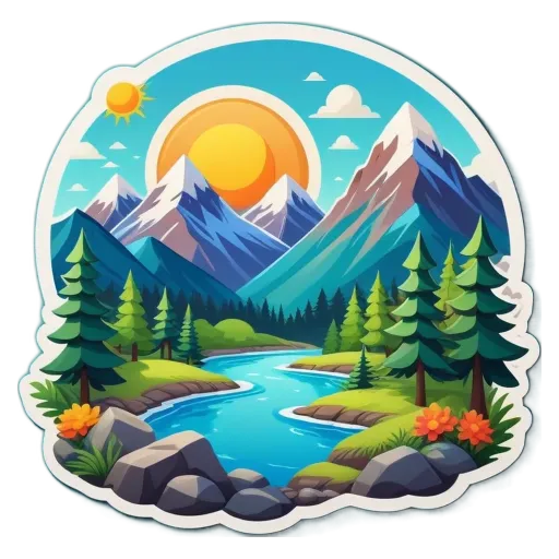 A landscape picture with a sun in the middle.