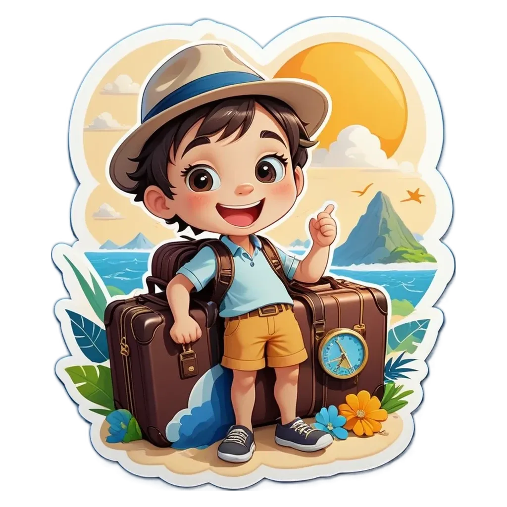 A cartoon picture of a boy with a hat and a suitcase.
