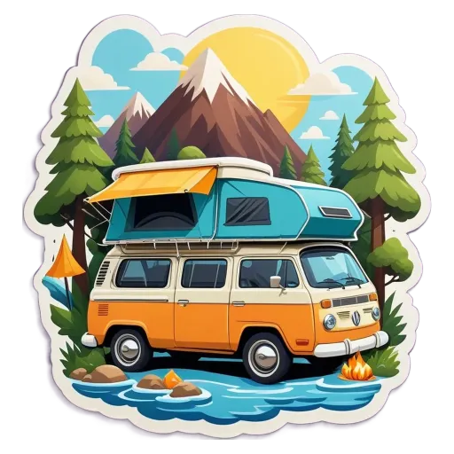 A camper van with an orange and blue roof that is parked next to a river.